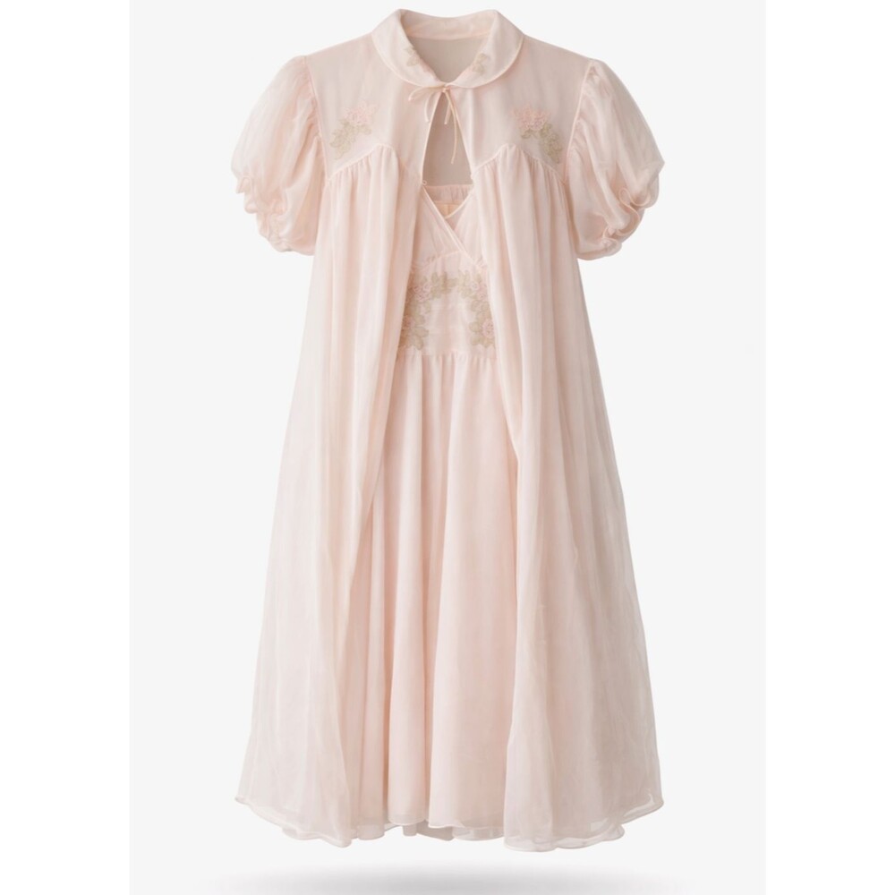 Vtg Gown Set 1960s Van Raalte Pink Peignoir Lace Robe Nightgown Nylon NWT